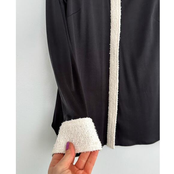 St. John Black White Silk Contrast Texture Collar Cuffs Button Down Top Blouse - Picture 6 of 9